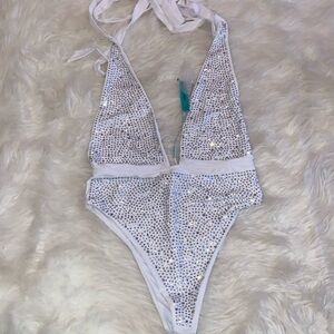 Fashion Nova White Bedazzled One Piece Bathing Suit